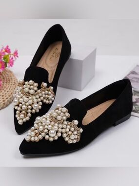 Black Pearl Embellished Flats Pointed Toe Loafers Chic Statement Shoes 8.5